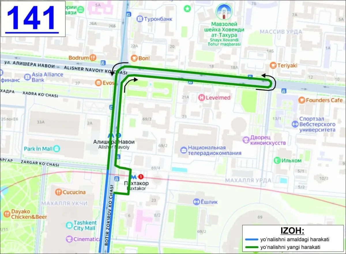 Toshkentda 141-sonli avtobus yo'nalishi harakati o'zgaradi