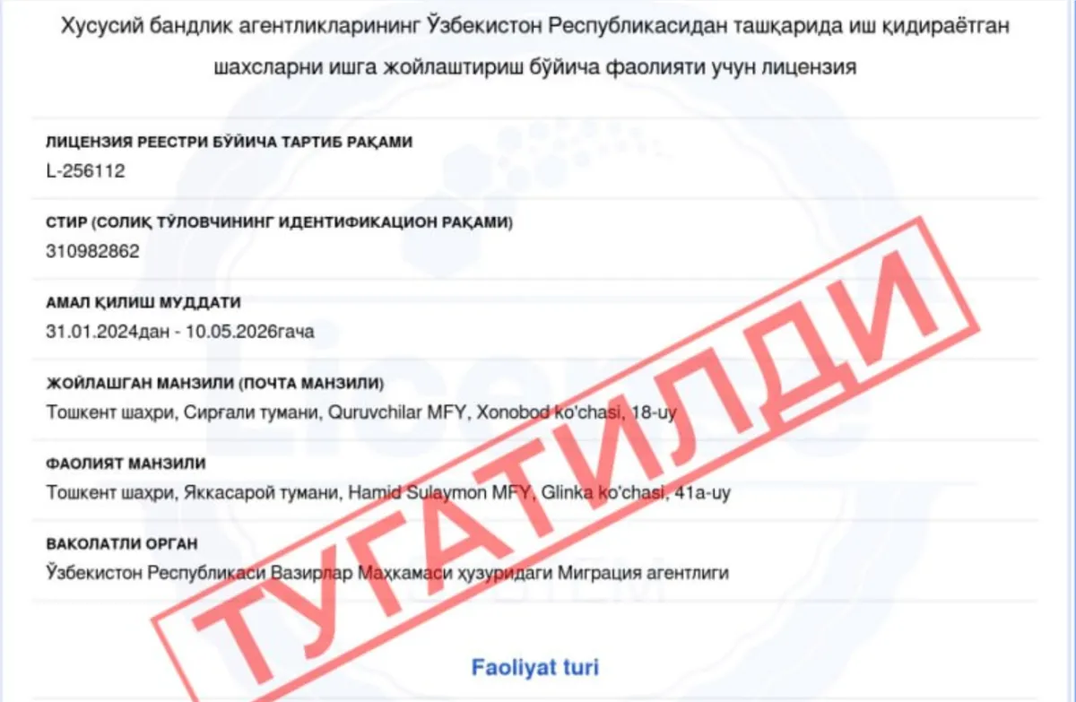 Ikki xususiy bandlik agentligining litsenziyasi o‘z ixtiyori bilan bekor qilindi