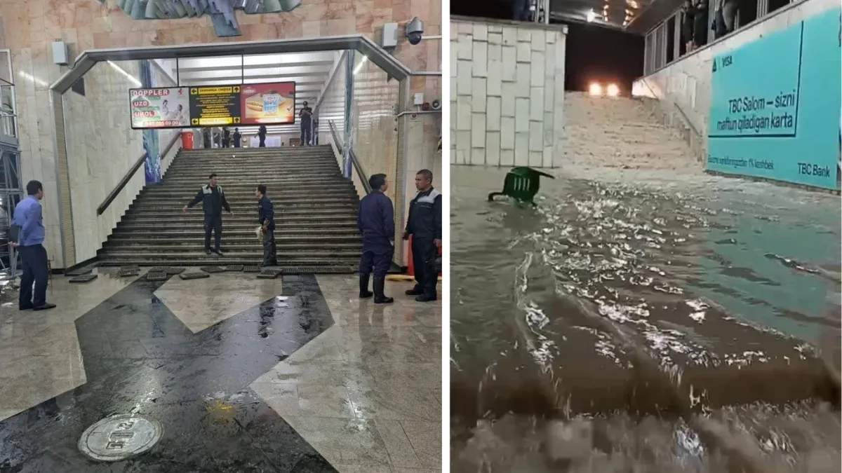 Toshkentda kuchli yomg'ir oqibatida Chorsu metrosini suv bosdi