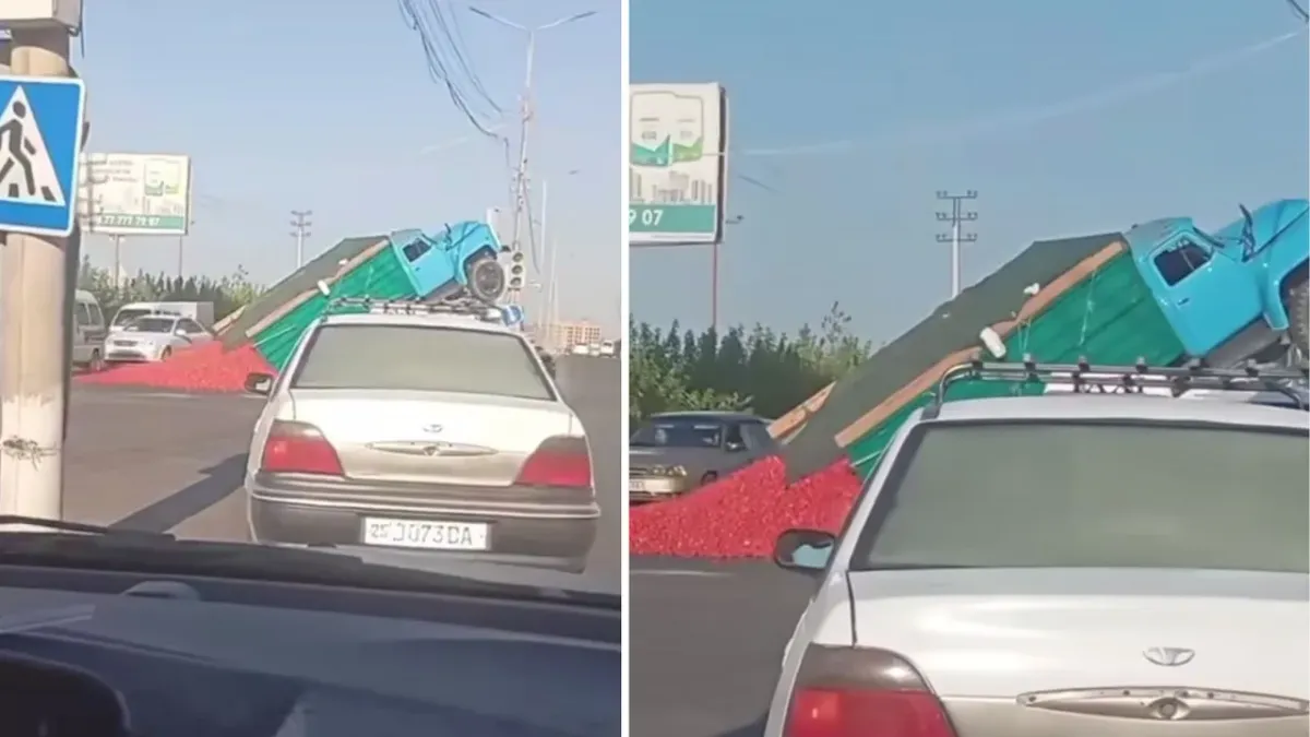 Katta yo‘lda yuk mashinasi ag‘darilib pomidorlar sochilib ketdi